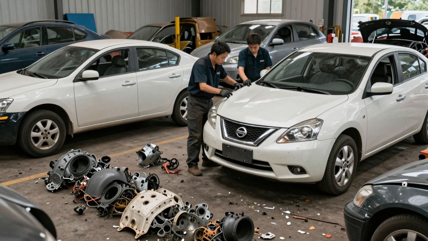 Nissan car parts being recycled at a wrecking yard.