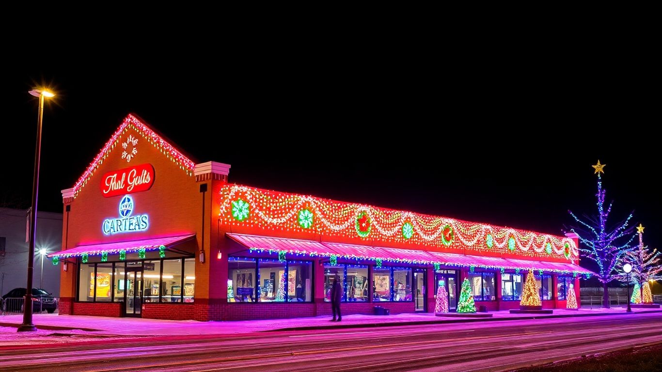 Commercial building decorated with bright Christmas lights.
