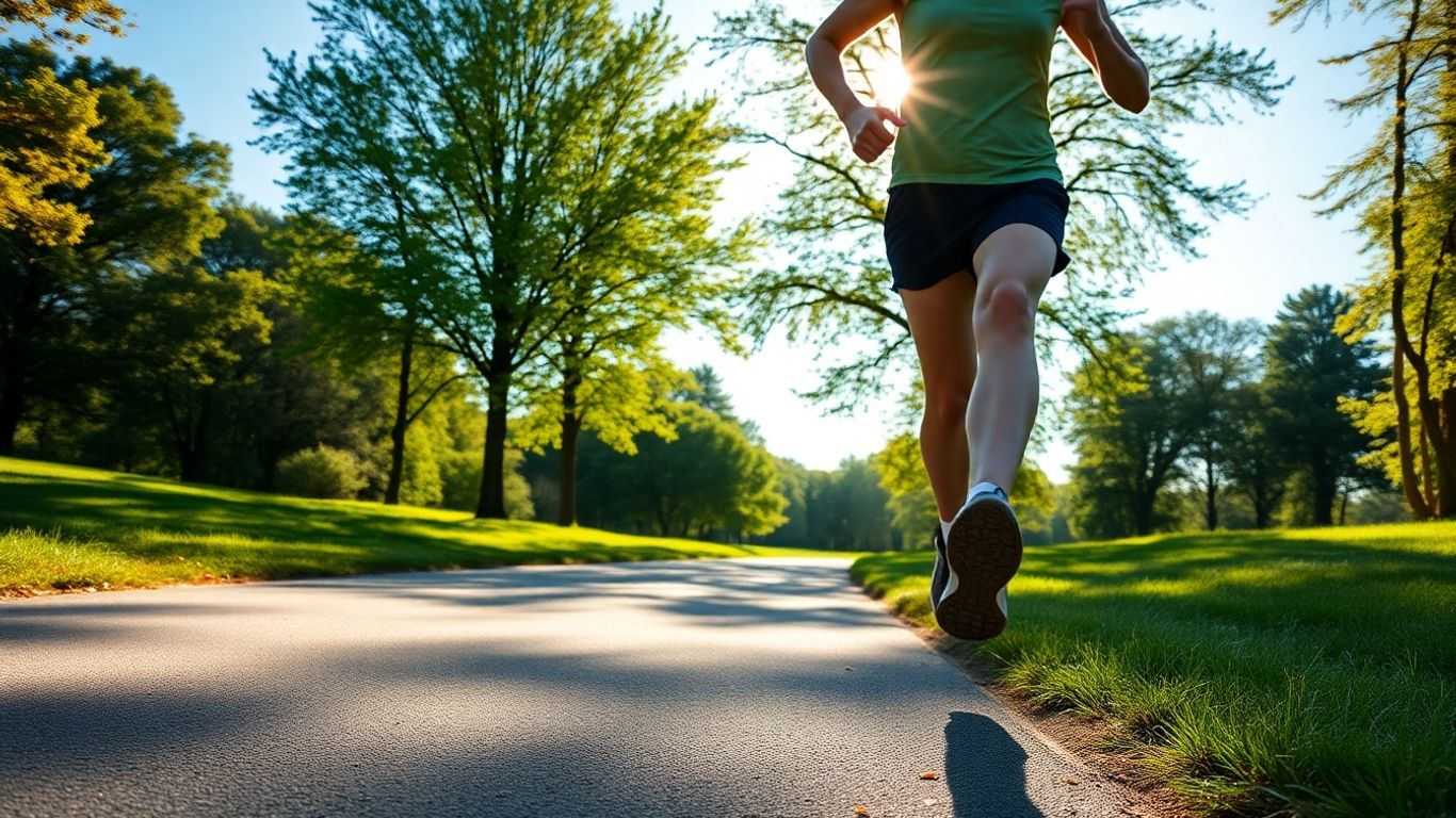 Person jogging in a sunny park.