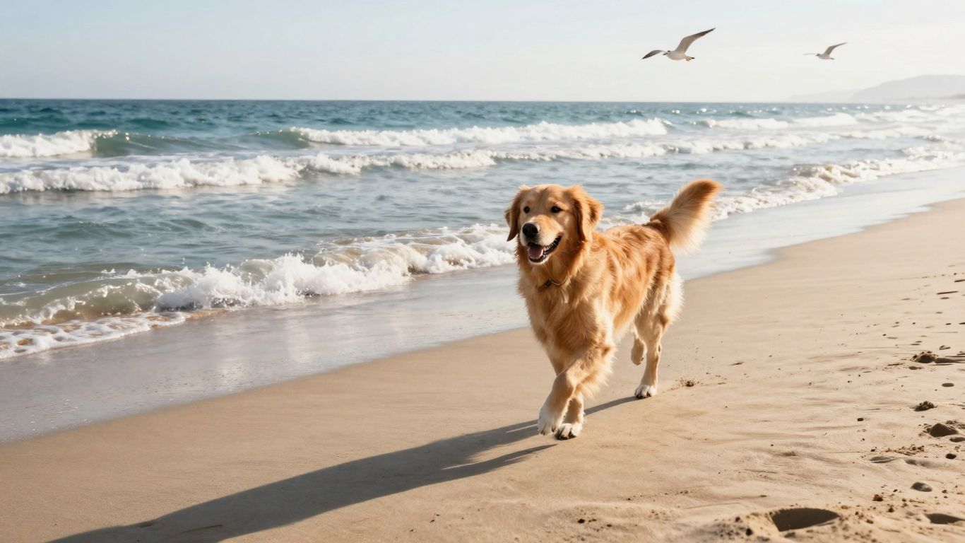 Hond rent op zonnig strand bij zee.