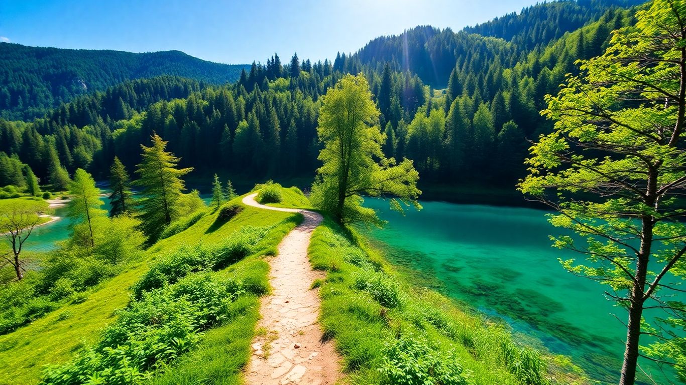 Peisaj natural românesc cu păduri verzi și apă albastră.
