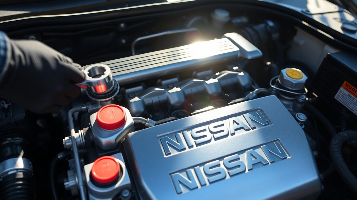 Nissan engine bay with mechanic's hand and wrench.