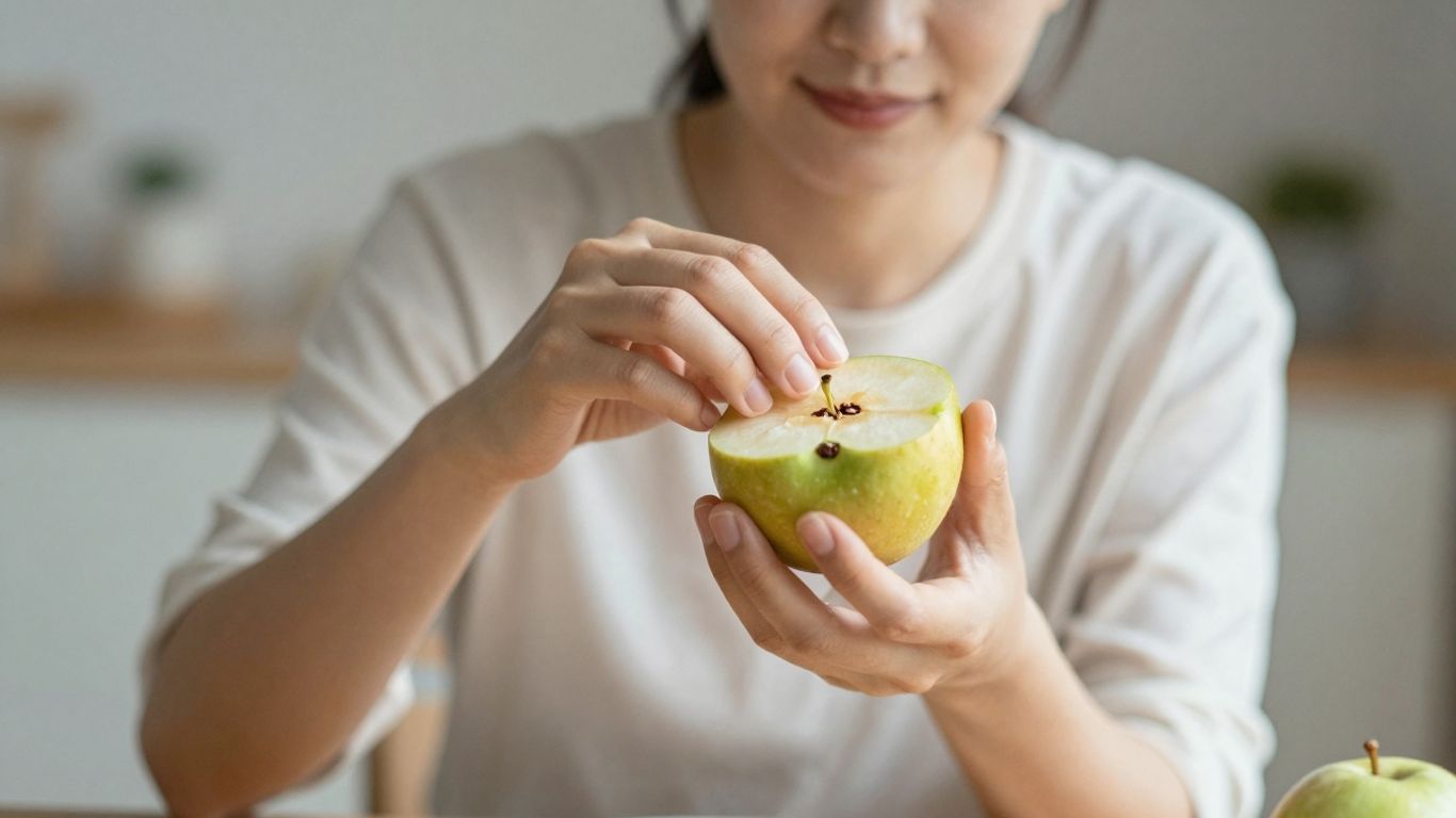 Person is mindful while eating a piece of fruit.