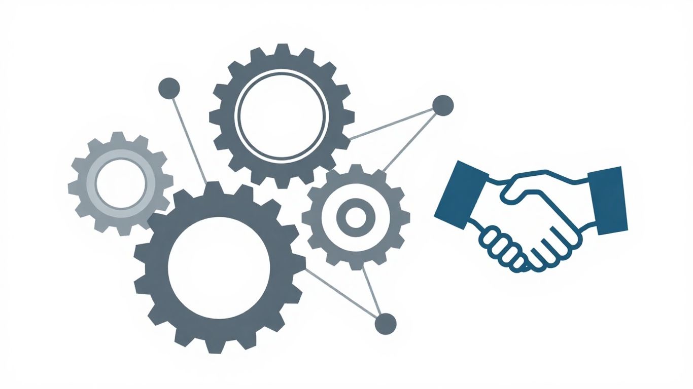 Infographic of gears and network nodes for managed services.