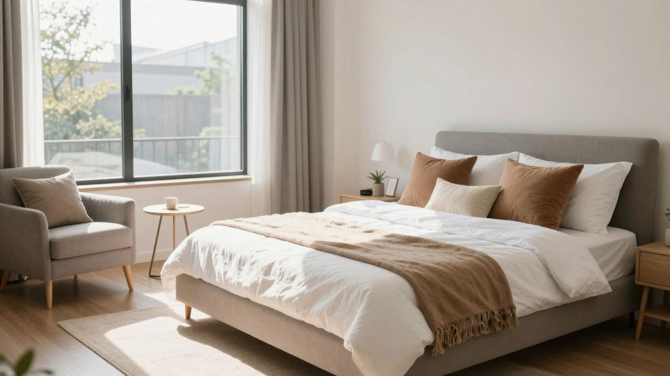 Cozy Airbnb room with sunlight and comfortable furnishings.