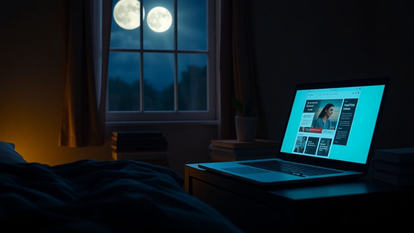 Laptop glowing in a moonlit bedroom