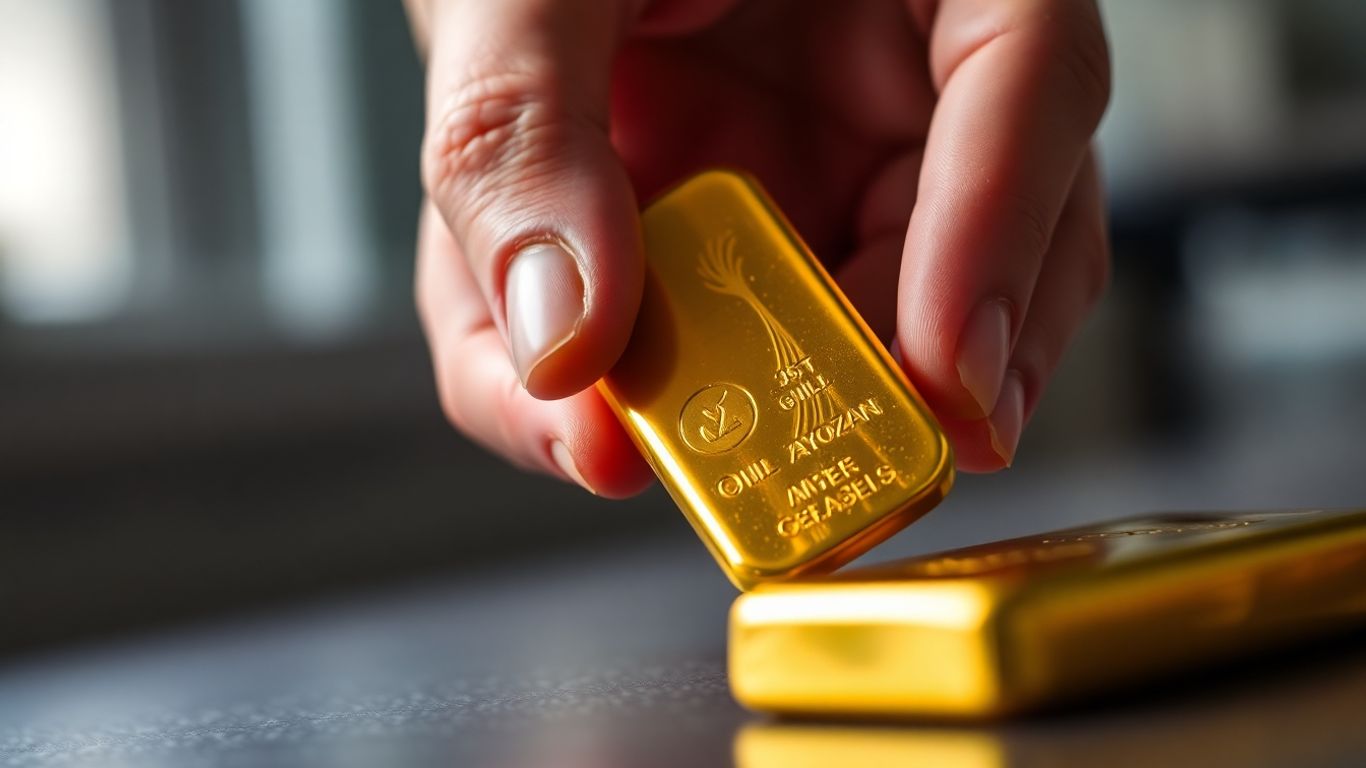 金手握着闪闪发光的金条。