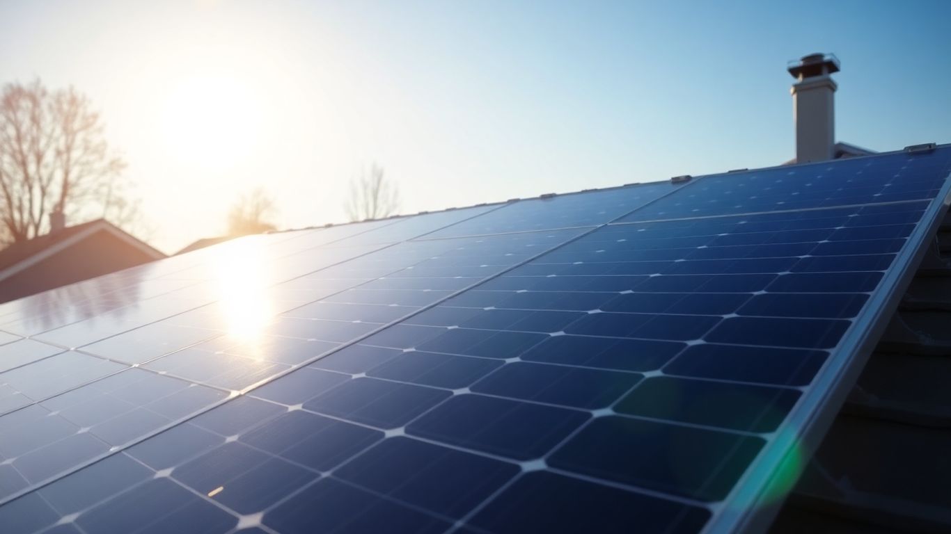 Solar panels on a roof with a house.