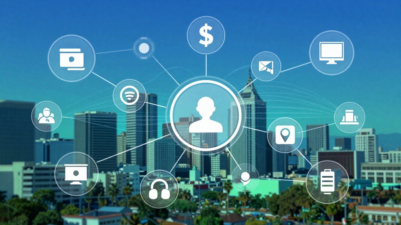 San Jose IT support infographic with network icons and cityscape.