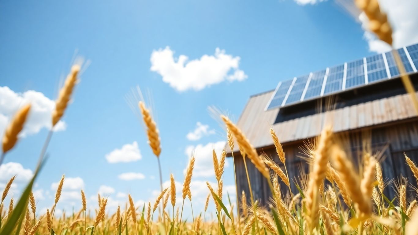 Panneaux solaires sur une ferme agricole ensoleillée.