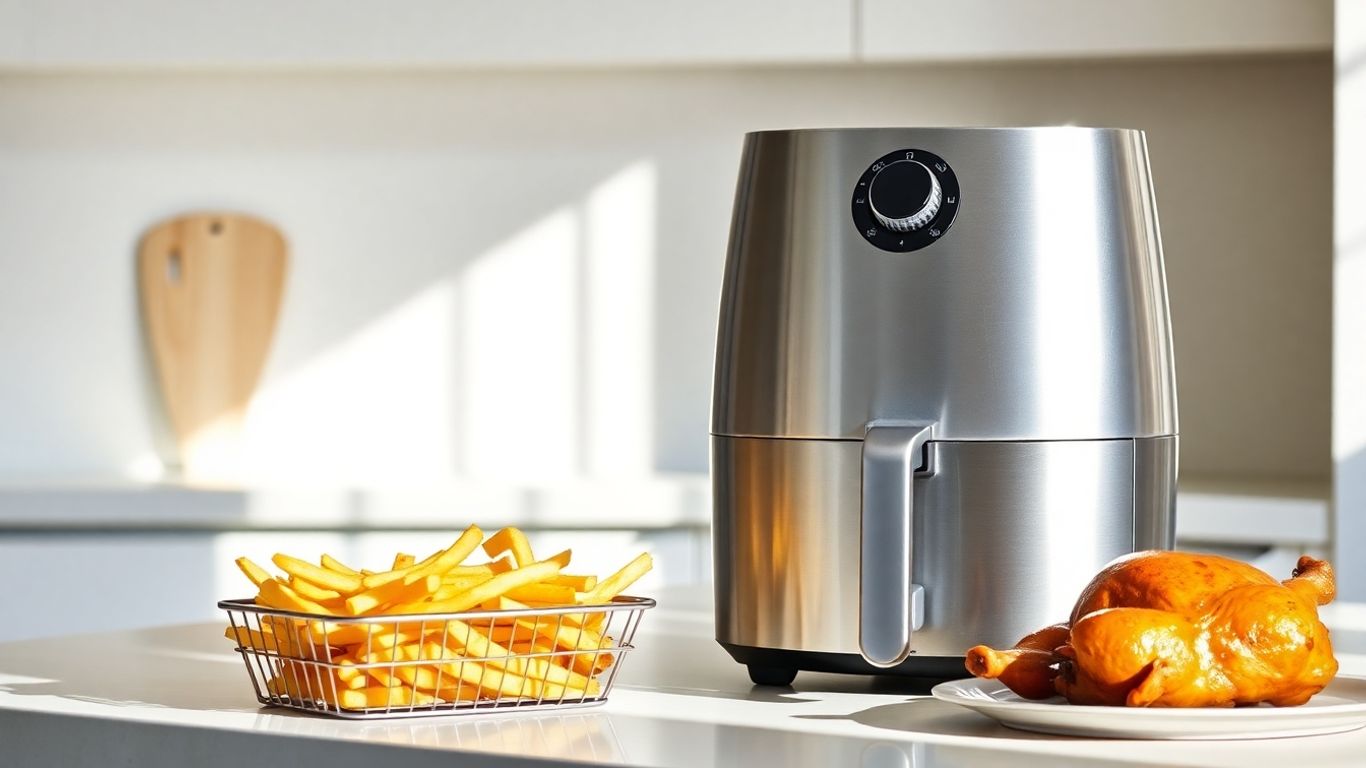 Moderner Airfryer mit knusprigem Essen daneben.
