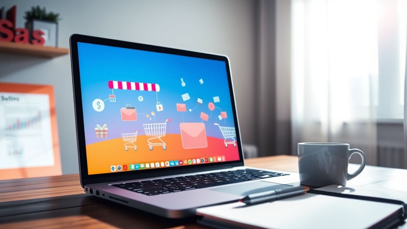 Laptop screen showing online stores and shopping carts.