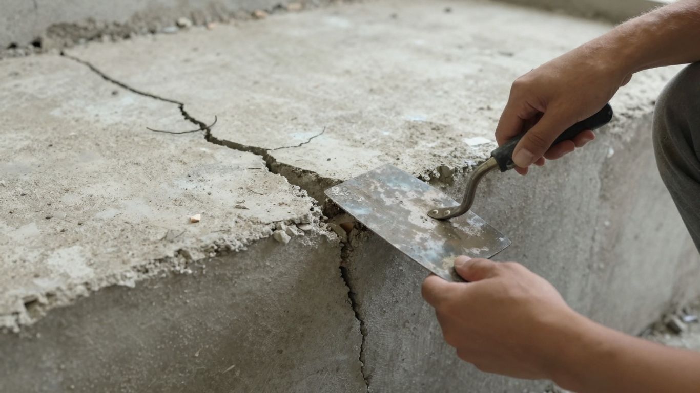 Cracked concrete foundation with homeowner inspecting damage.
