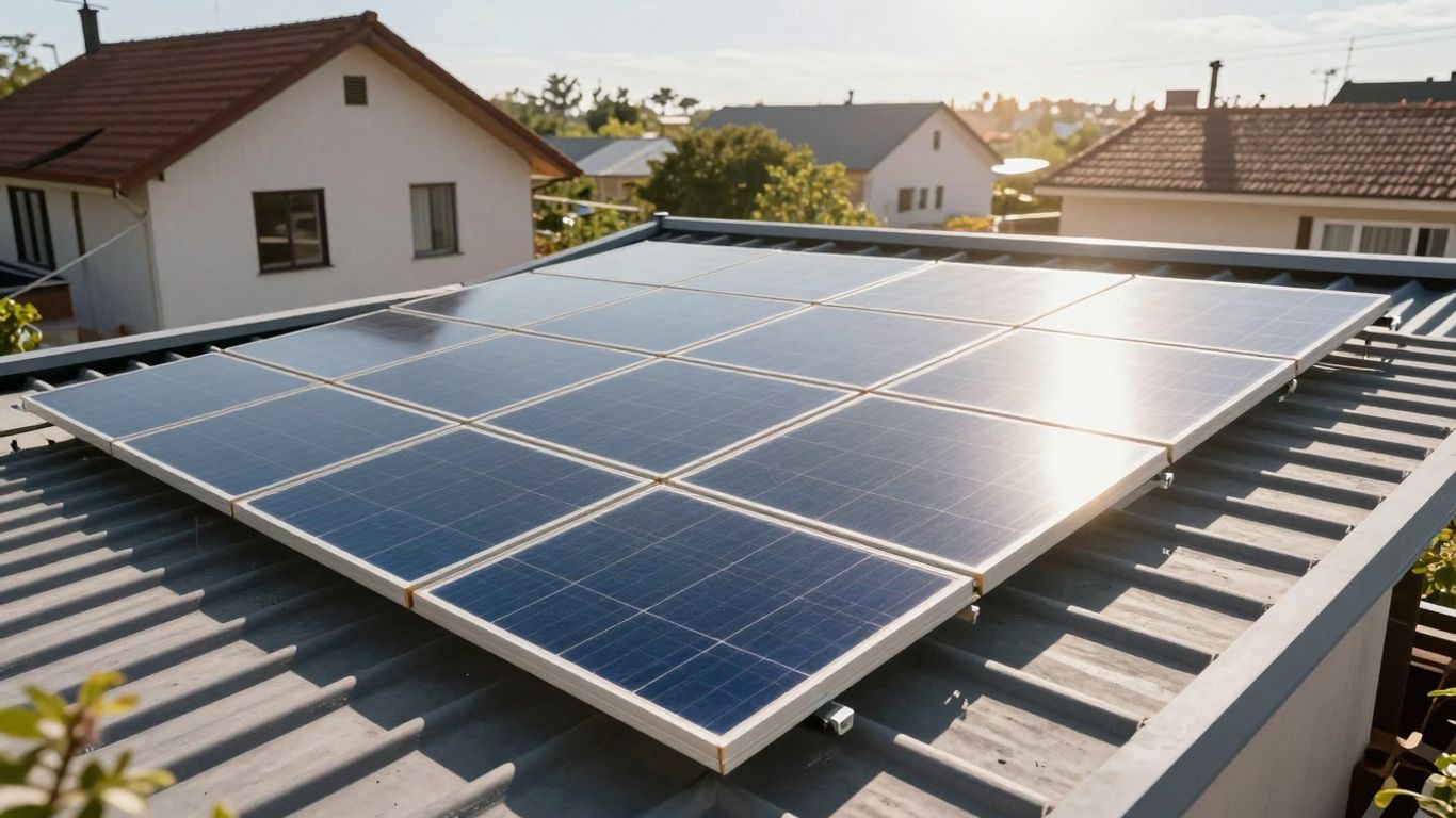 Panneaux solaires sur un toit ensoleillé, maison, énergie propre.