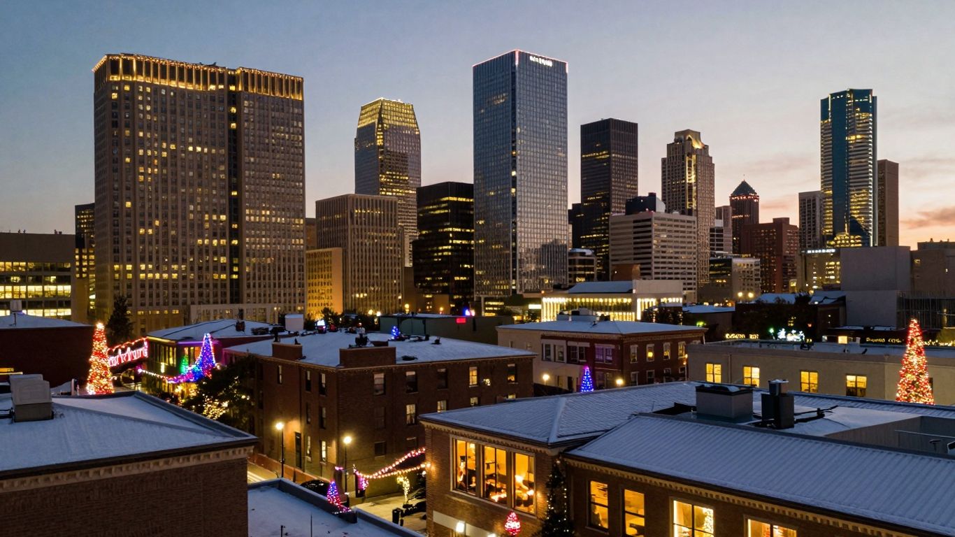 Dallas skyline with holiday lights and festive decorations.