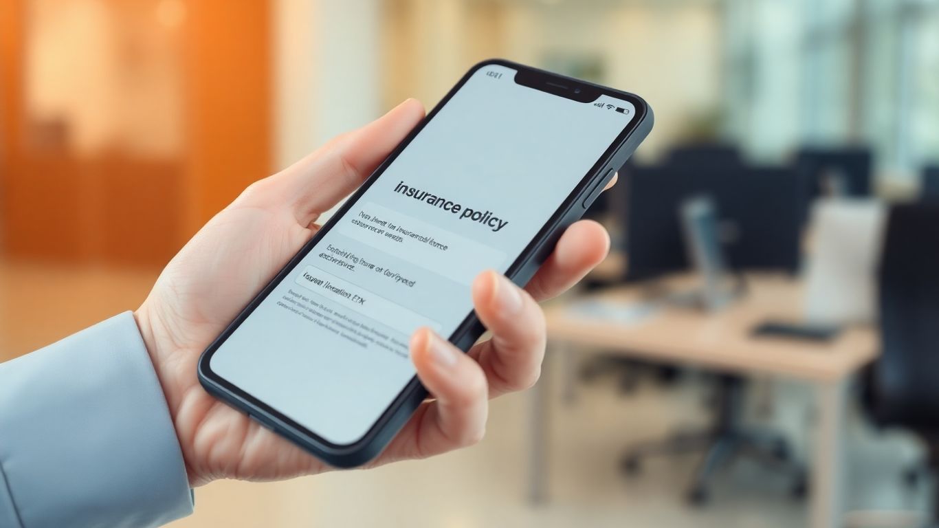Mano con teléfono mostrando póliza de seguro digital.