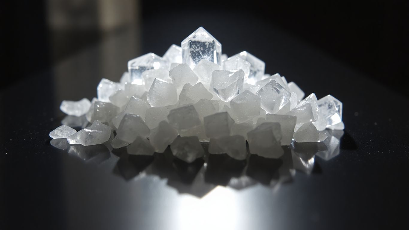 Clear crystal shards on a dark reflective surface.