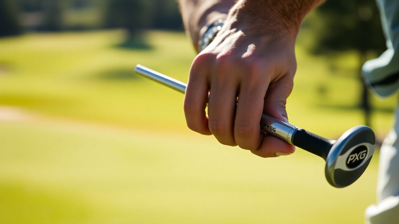 Golfer swinging a PXG iron on a golf course.