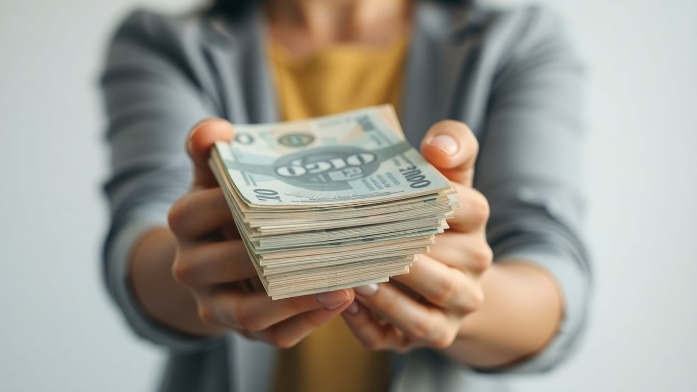 Hands holding a stack of banknotes.