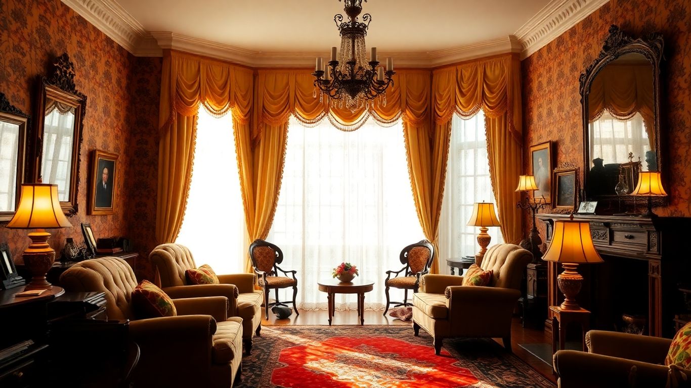 Elegant Victorian living room with antique furniture and warm lighting.
