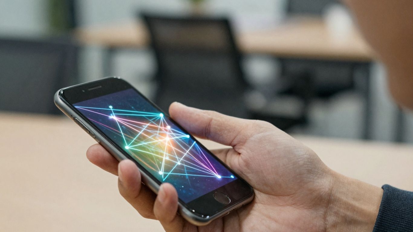 Mão segurando celular com rede de internet brilhante.