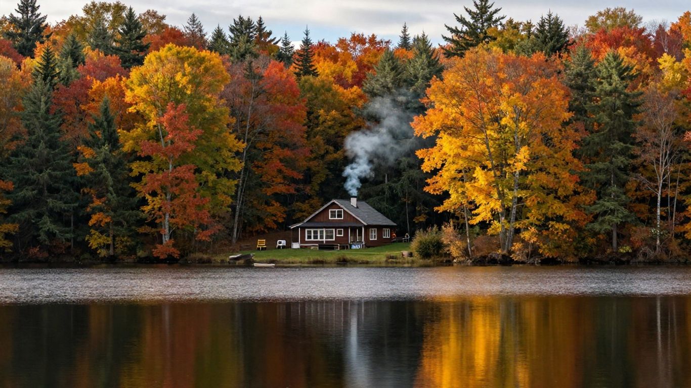 Autumn landscape with colorful trees and a lake.
