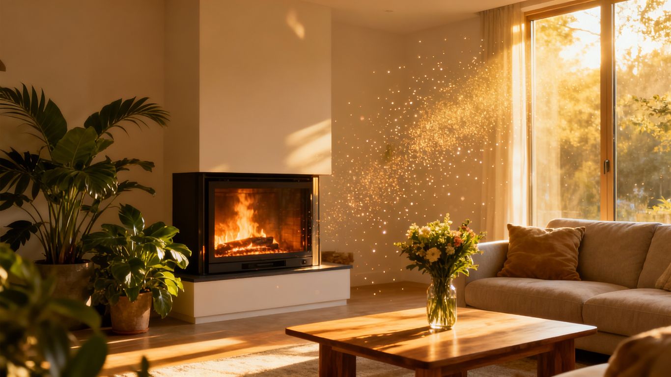 Cozy living room with a modern fireplace and sunlight.