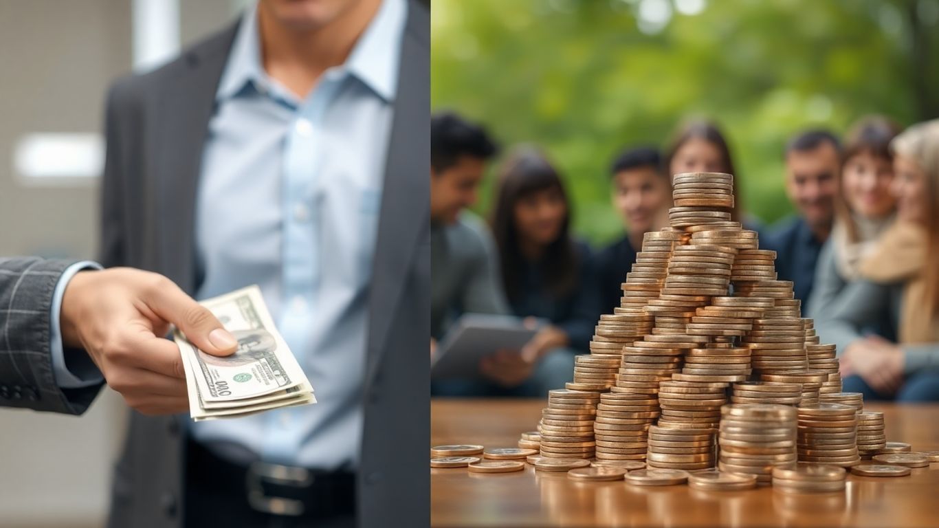 Pyramid scheme concept with money and people.