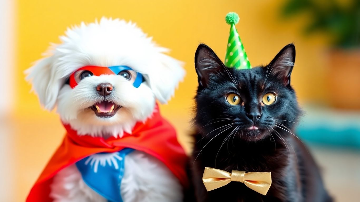 Pets in fun, themed costumes for parties and holidays.