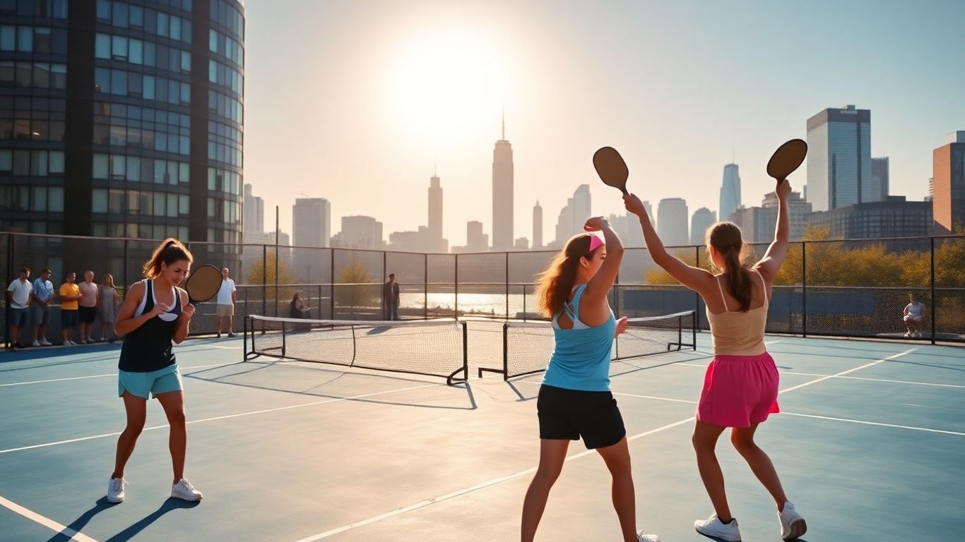 NYC pickleball players on court with skyline