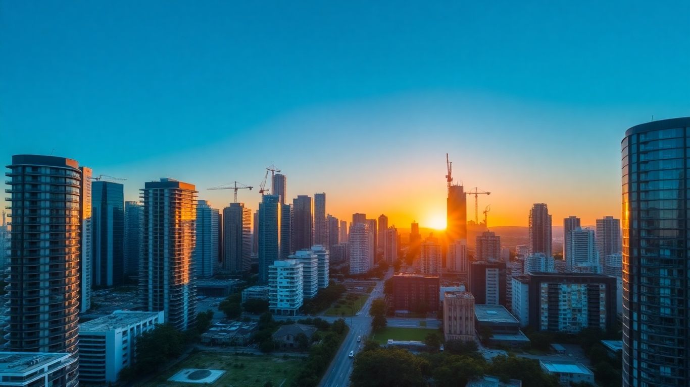 Modern Australian city skyline with new developments at sunset