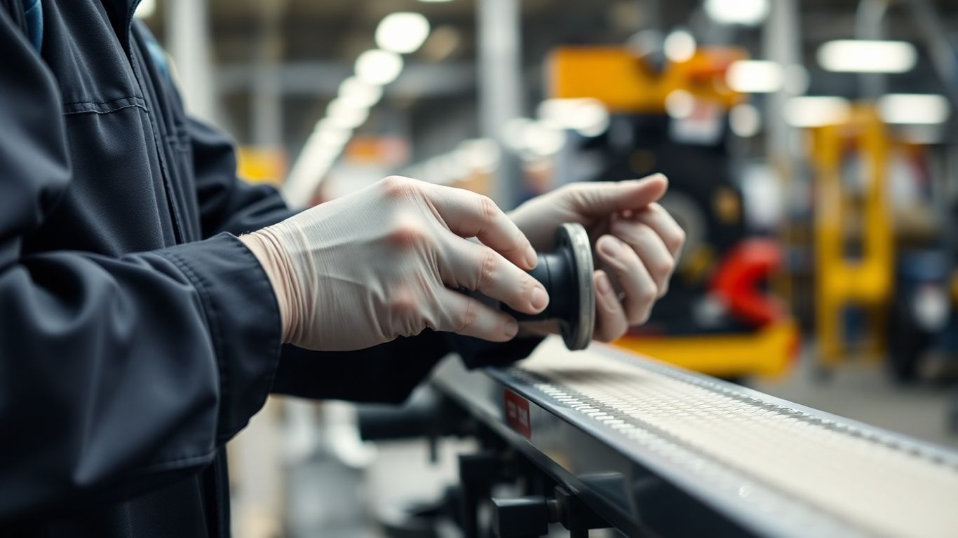 Autoteile werden in einer Fabrik montiert, mit blauen Akzenten.