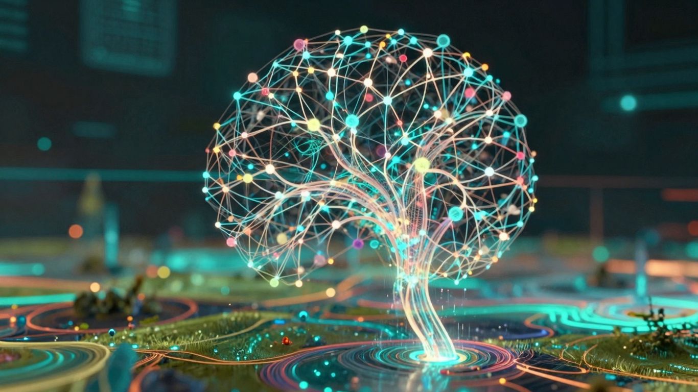 Abstract digital landscape with neural networks and futuristic lights.