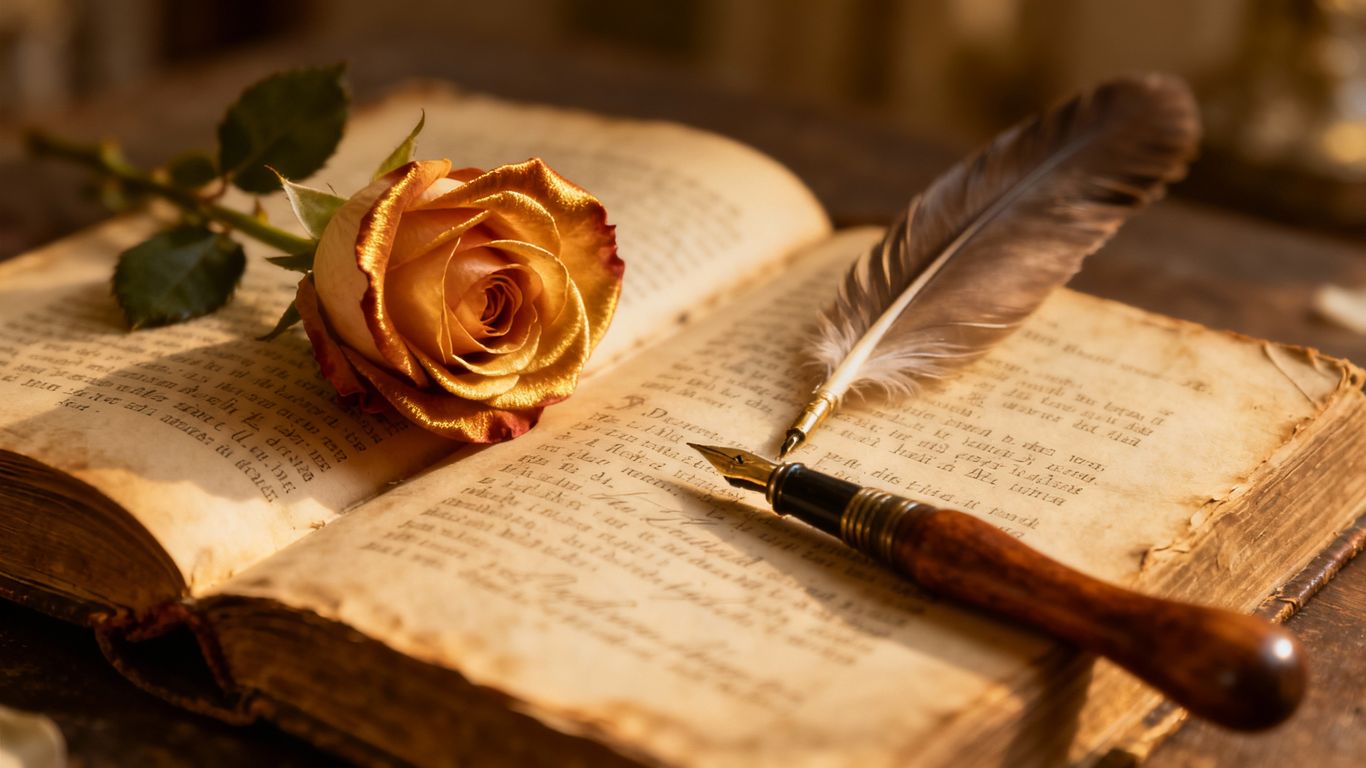 Classic romance symbols from literature, a rose on a book.