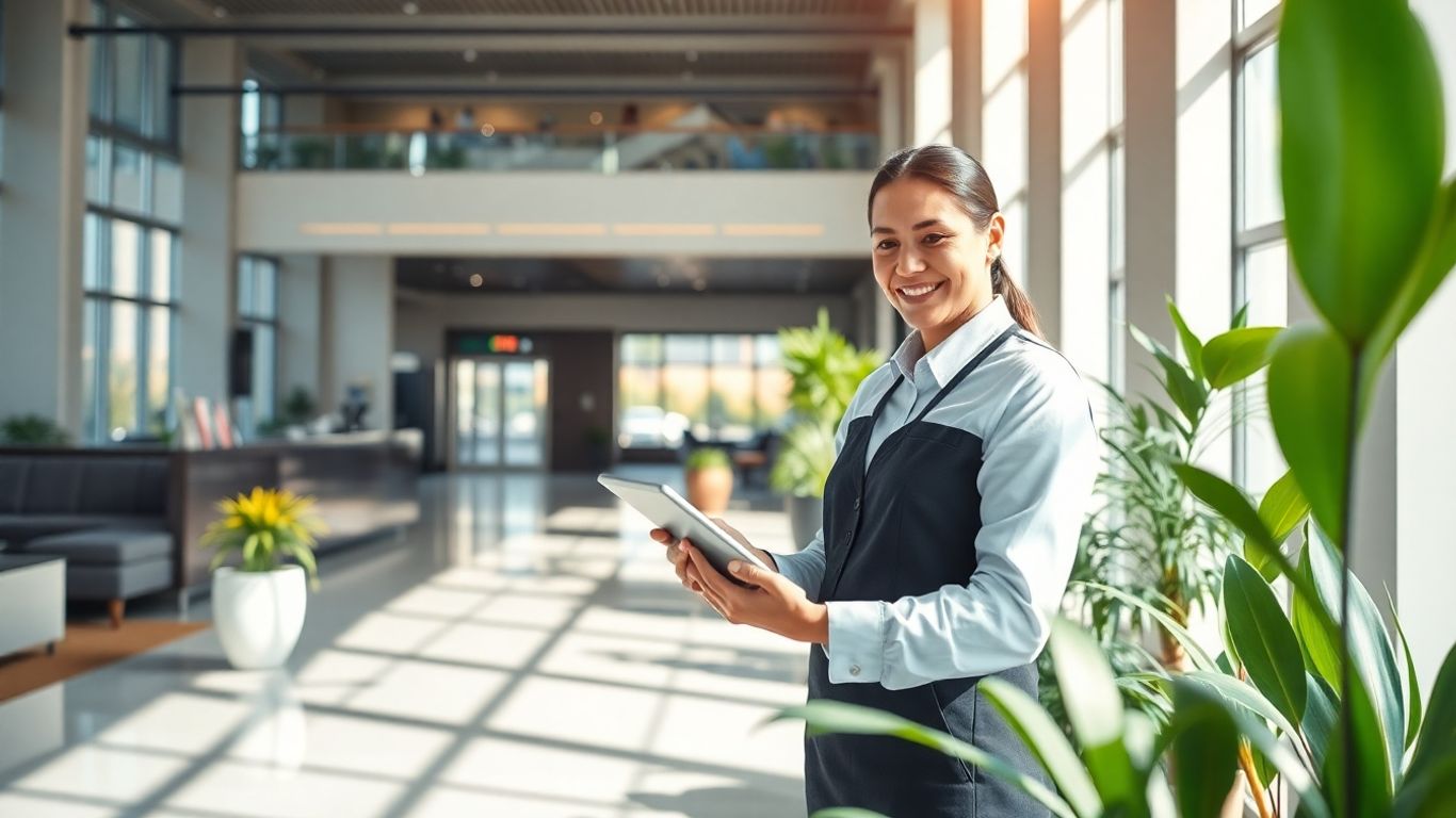 Nasmejan receptor uporablja digitalno tablico v hotelu.