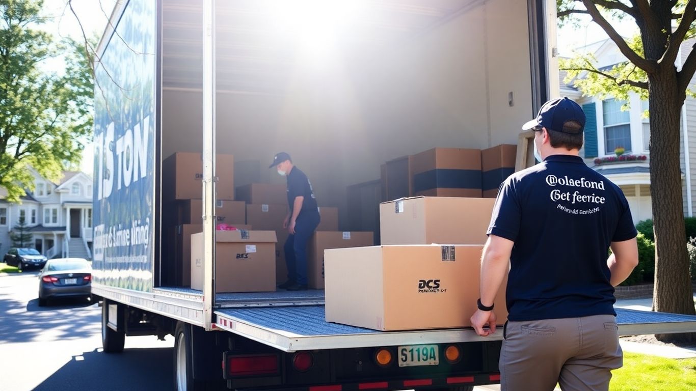 Moving crew loading truck with boxes and furniture.