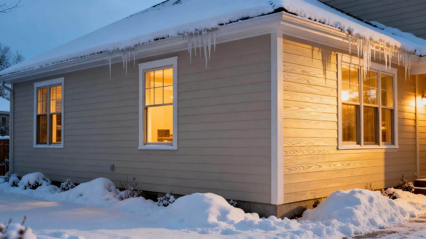 House with new siding in winter snow.