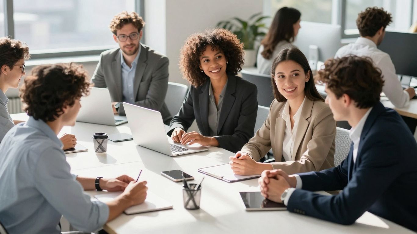 Mensen die samenwerken aan een bureau.