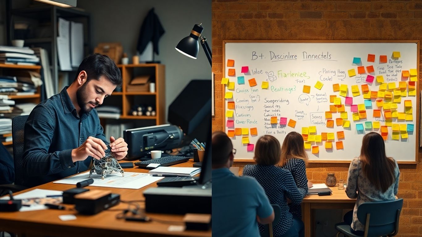 Designer refining prototype, team brainstorming radical ideas.