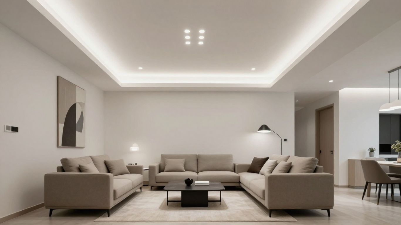 Low ceiling living room with bright flush-mount lights.