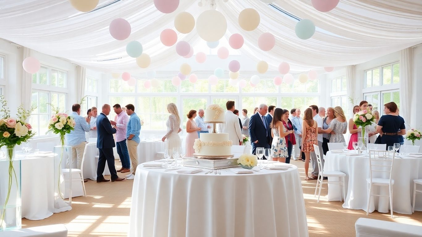 Elegant Dallas baby shower venue with balloons, flowers, and cake.