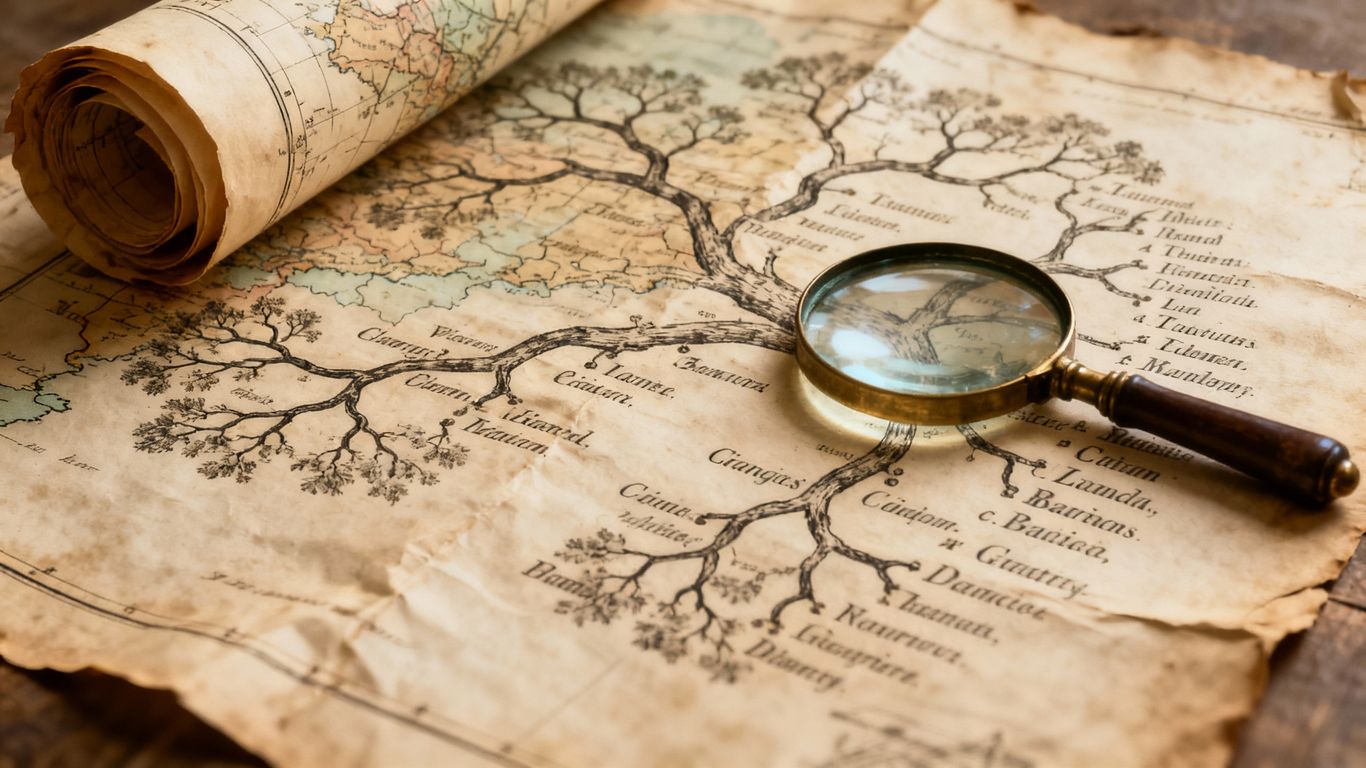 Family tree map with magnifying glass
