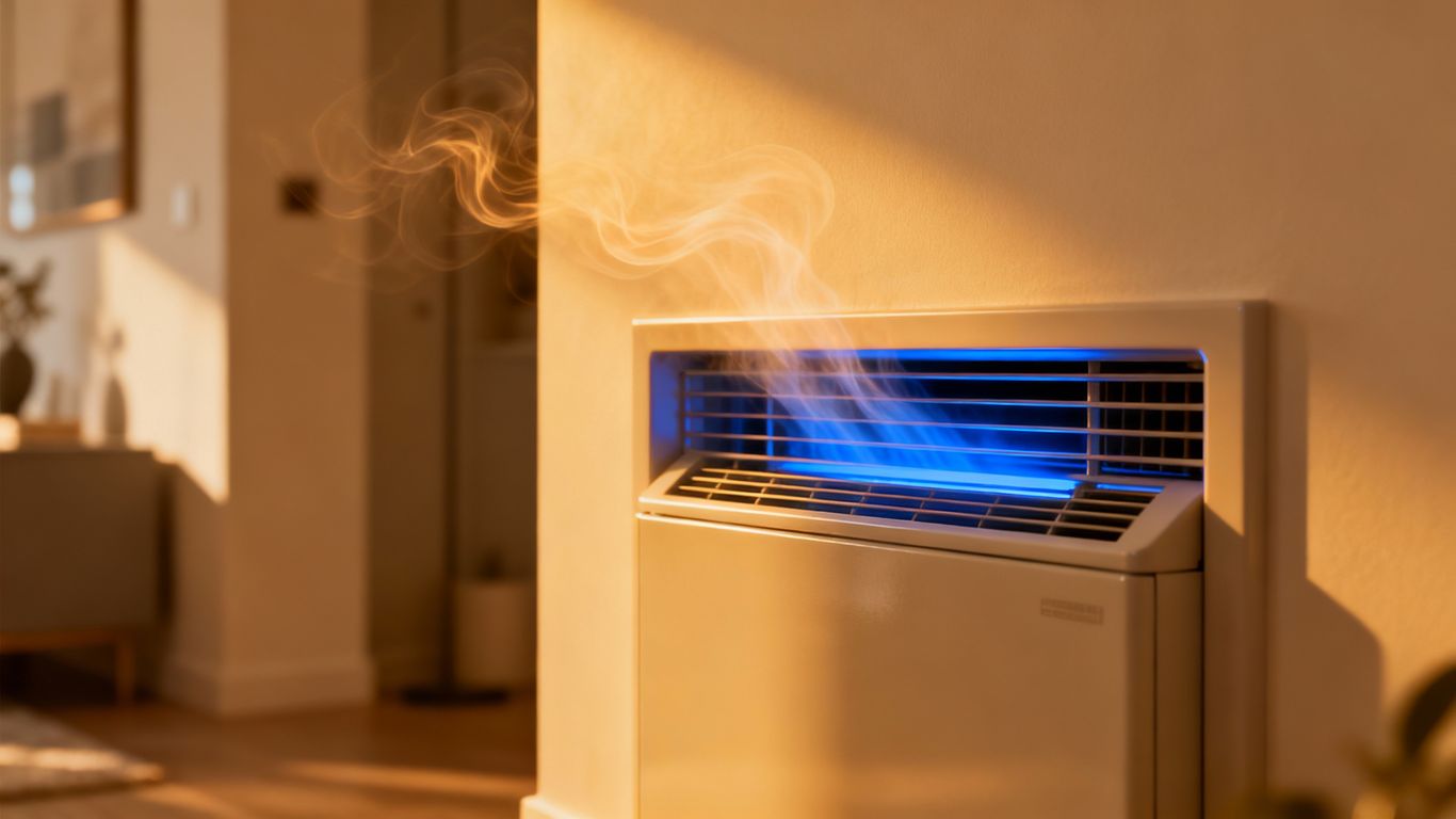 Furnace vent with warm air rising, home interior.