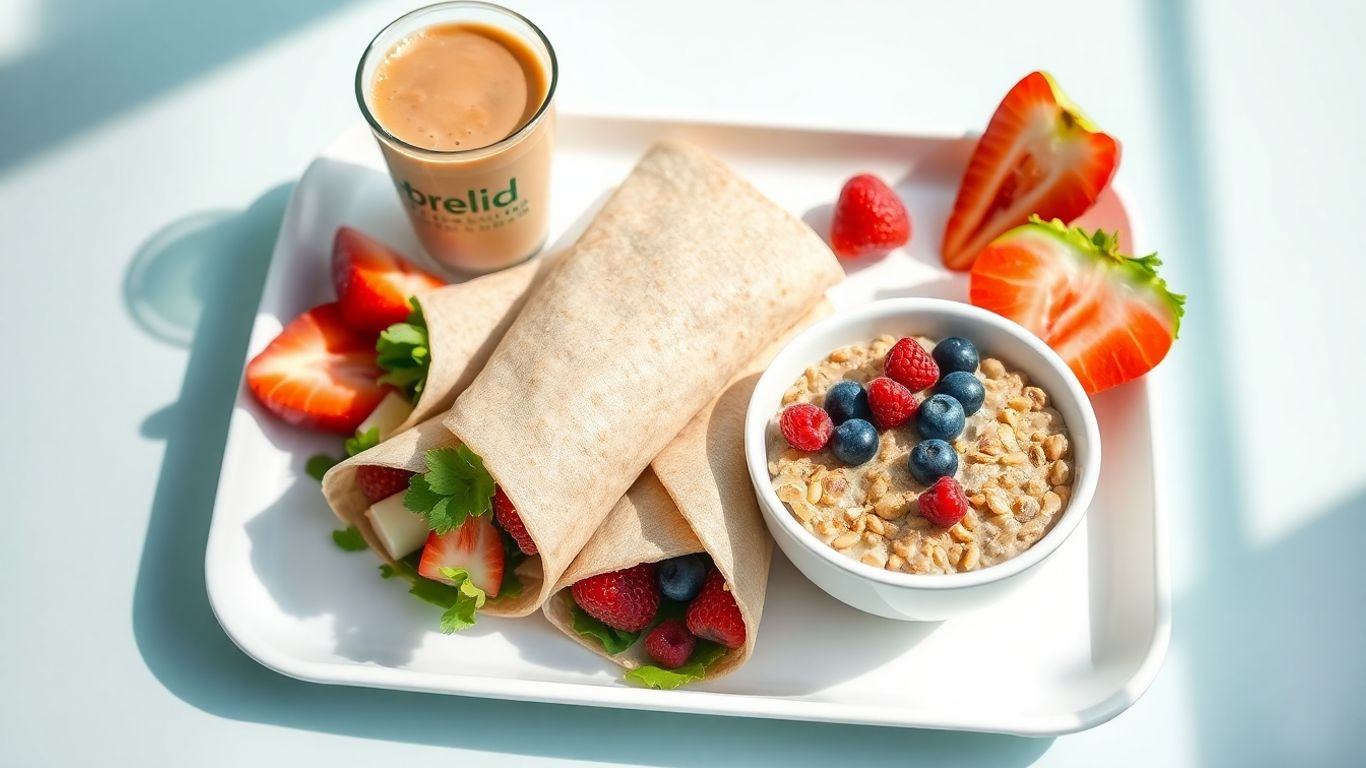 Healthy fast food breakfast with whole grains and fruit