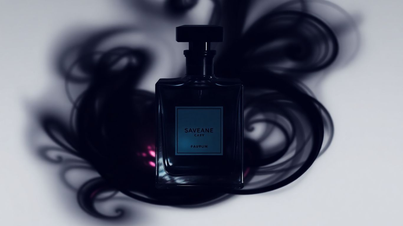 Dark, shadowy perfume bottle with rich colours.