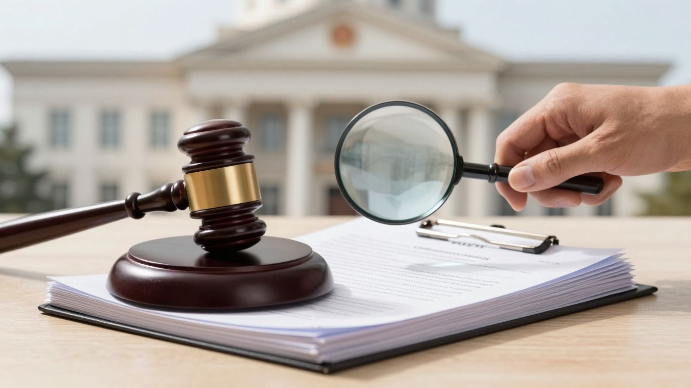 Gavel on documents with magnifying glass over debt notice.