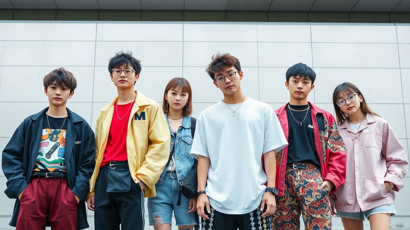 Trendy young adults in Japanese streetwear fashion.