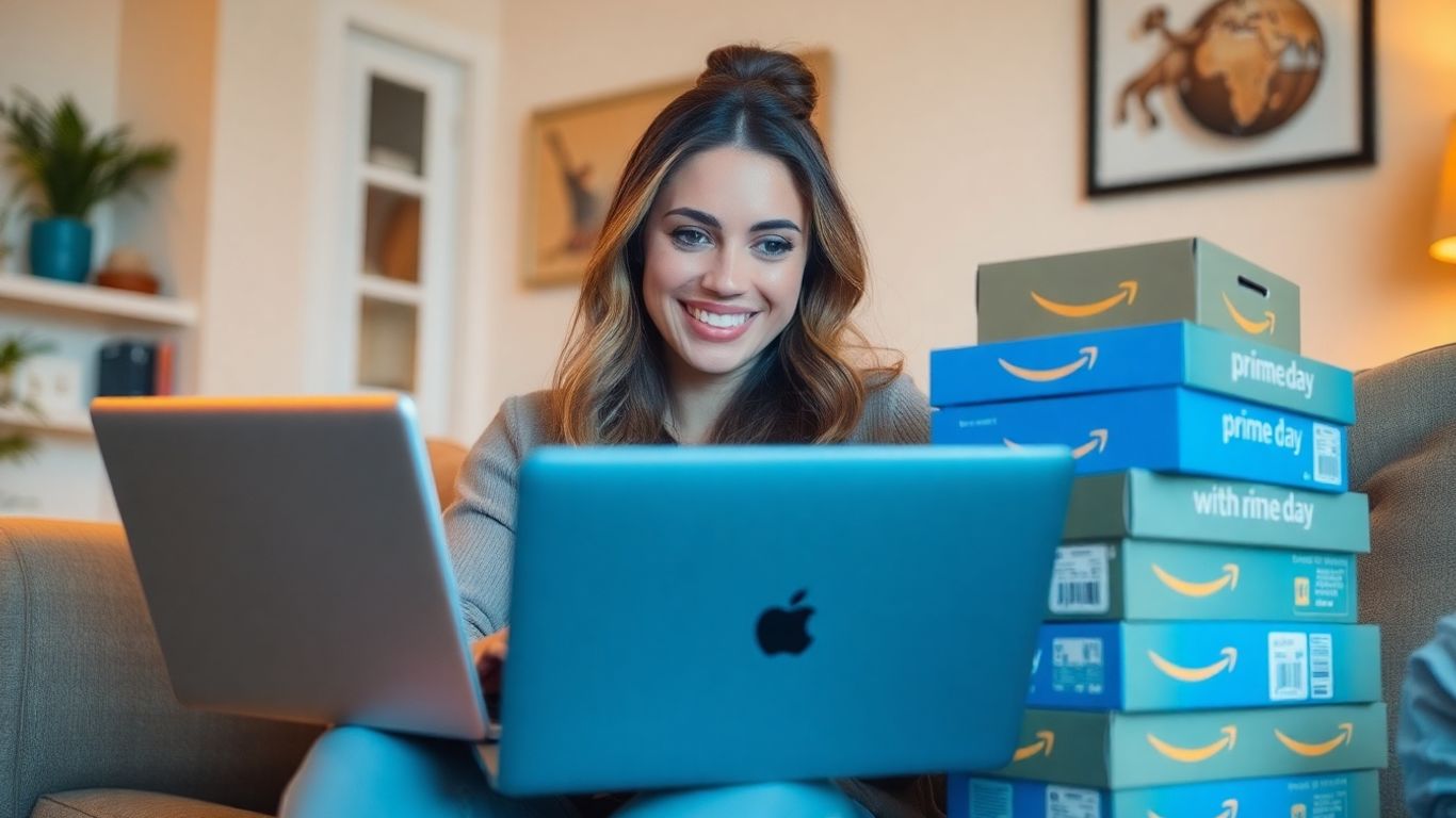 Woman shopping Amazon Prime Day deals at home