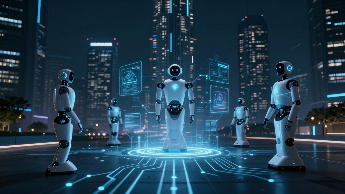 Robots autonomes dans une ville futuriste illuminée par des circuits numériques.