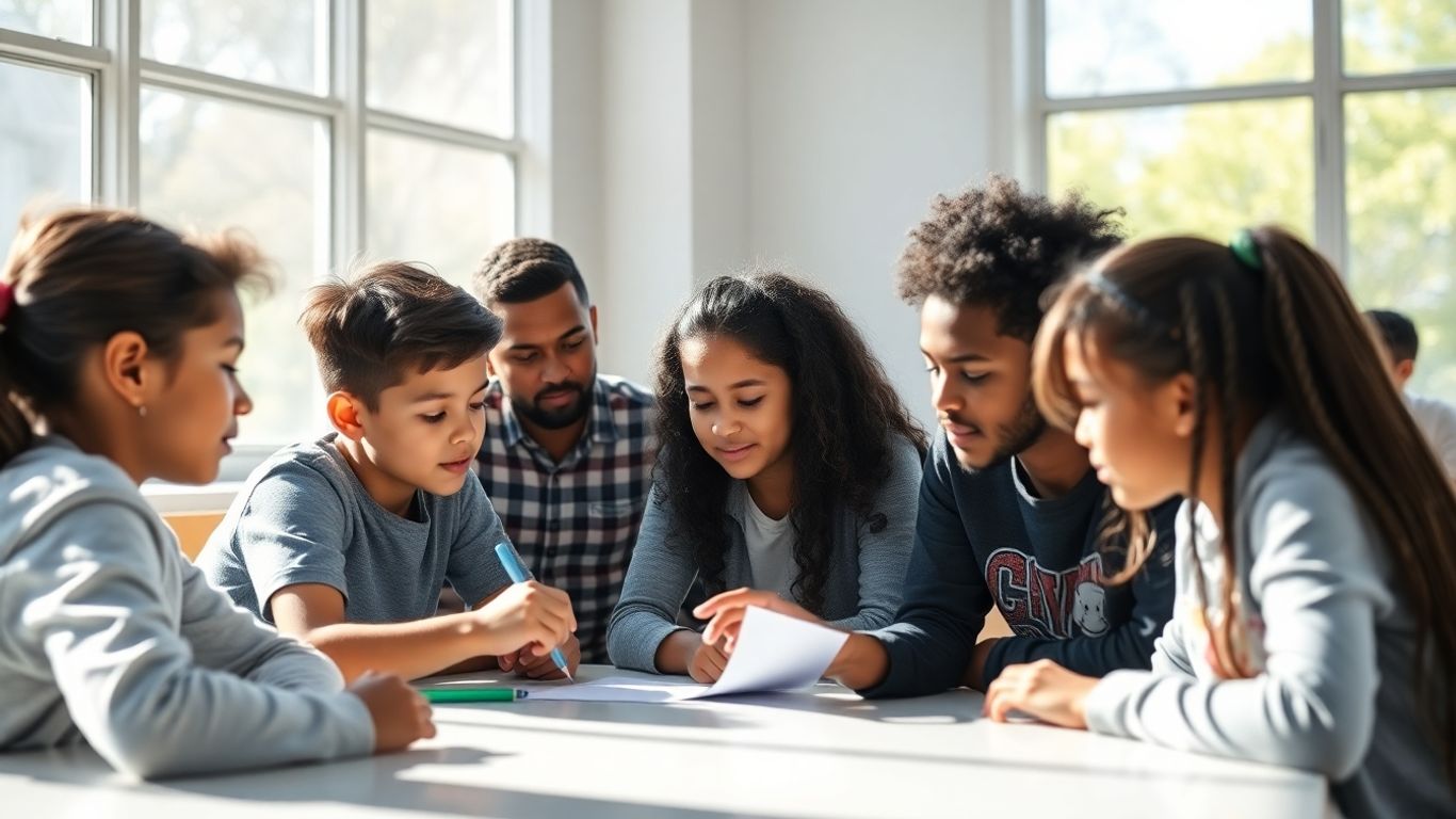Estudantes em sala de aula moderna aprendendo.